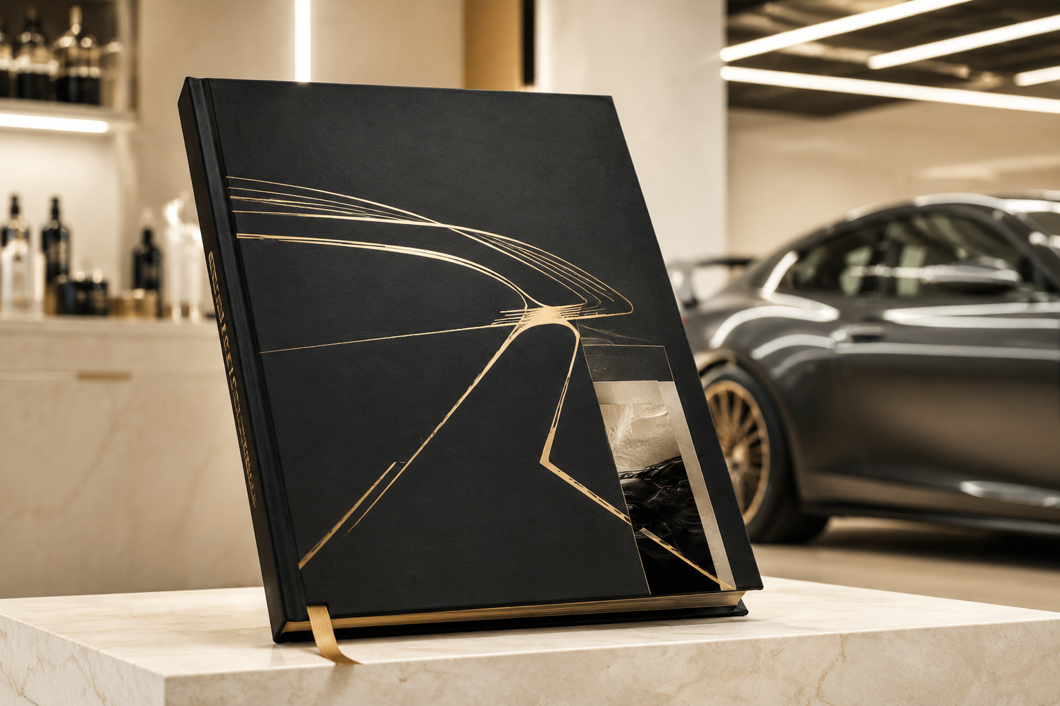 Premium black-and-gold car care guide displayed in a bright automotive detailing studio